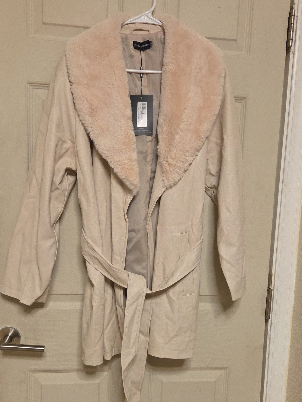 NWT PrettyLittleThing Faux Suede Belted Coat - Cream / Stone - Size 12